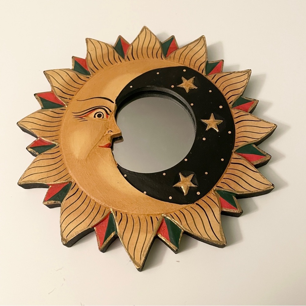 Vintage Hand Painted Celestial Sun Moon Stars Wooden Mirror Wall Decor 7.5”
